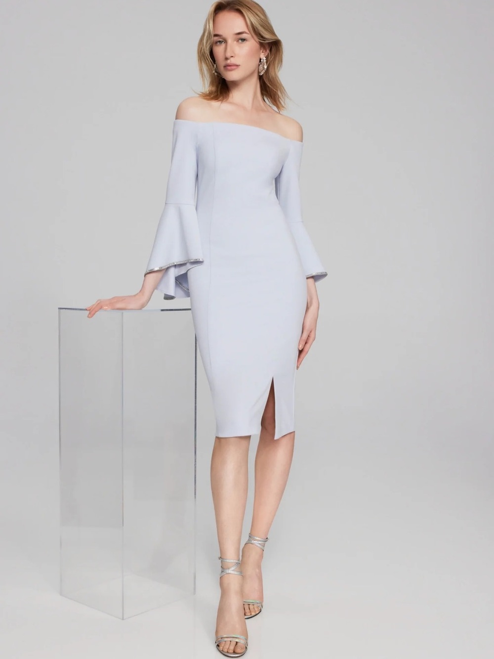 Elegant Light Blue Off-Shoulder Midi Dress with Flared Sleeves